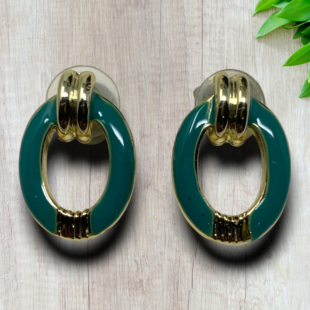 Vintage 1980s Petite Oval Earrings Gold Tone & Teal Enamel Avant Garde Pierced